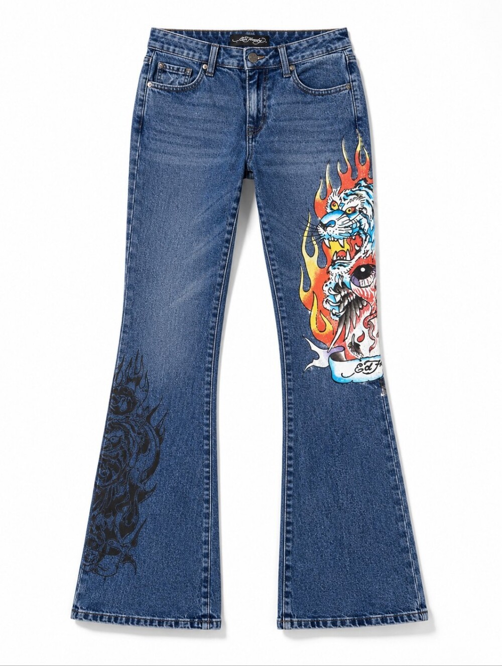 ED HARDY TIGER FLAME FLARE JEANS SIZE 28 Graphic Jeans NWT